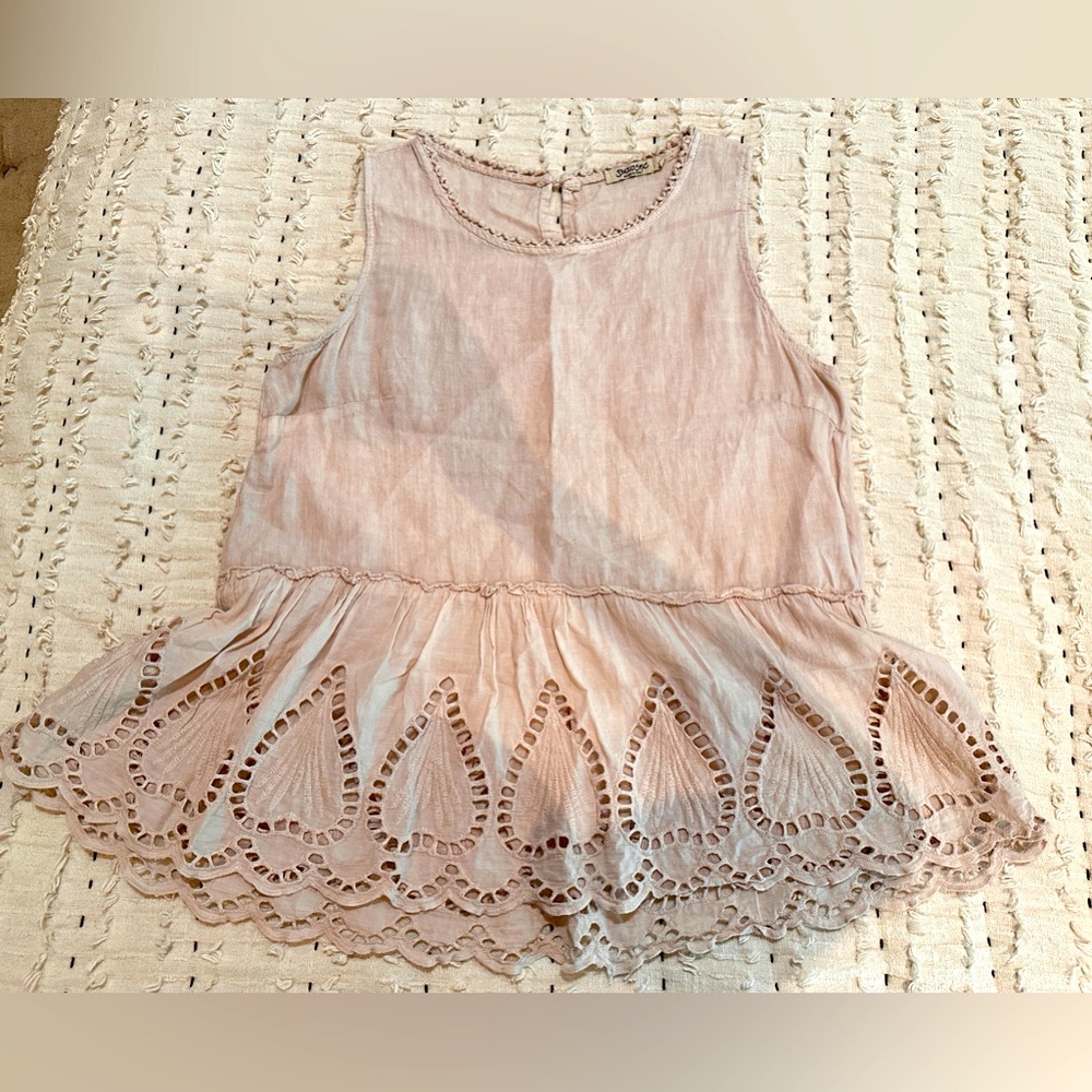 SPAZIOCHIC Italy 100% Linen Sleeveless Tank Top M Ruffle Embroidery Cutouts
